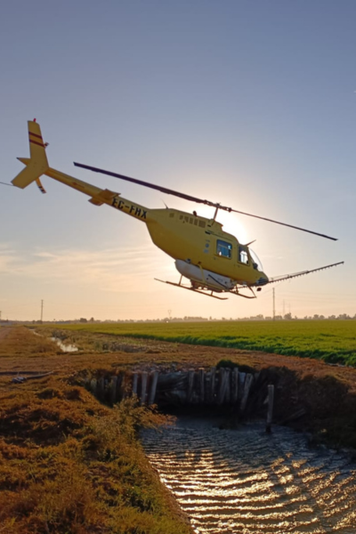 Helicóptero realizando tratamiento aéreo contra el Virus del Nilo en campos de Coria del Río