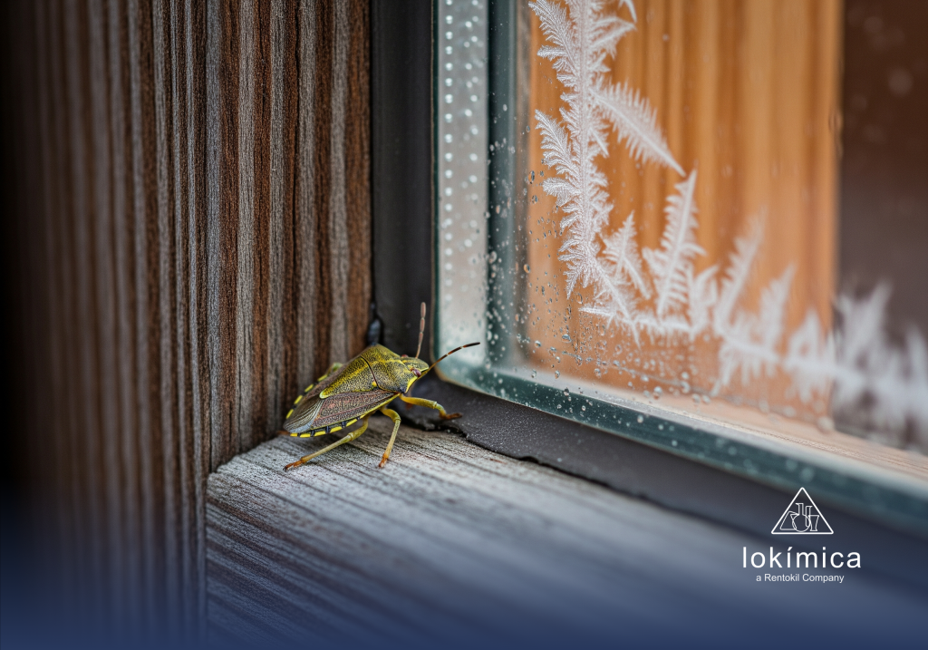Imagen de una chinche verde en invierno queriendo buscando refugio.