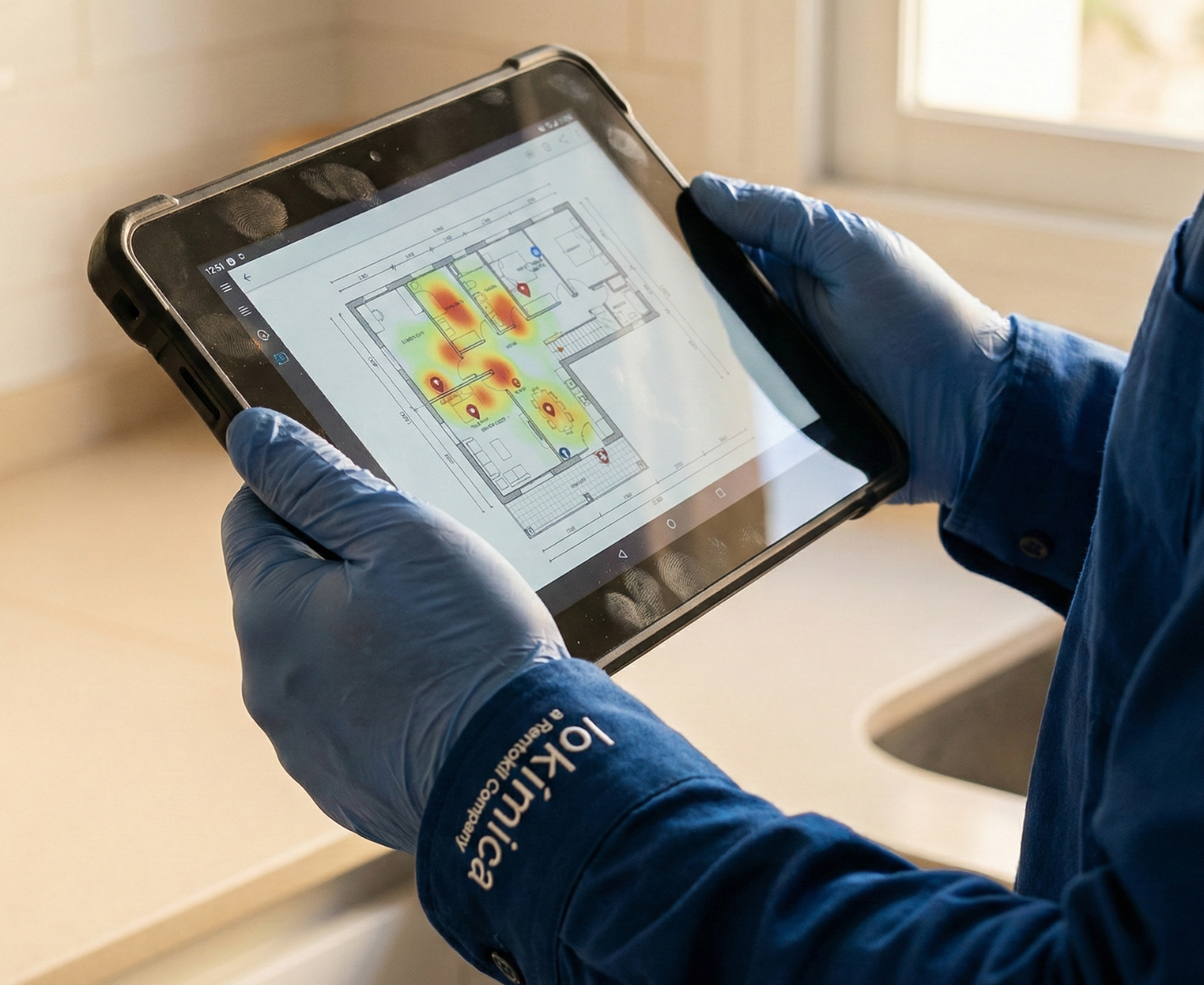 Imagen de un técnico de Lokímica visualizando una tablet donde se puede ver las áreas de mayor densidad de cucarachas para aplicar los tratamientos correspondientes.