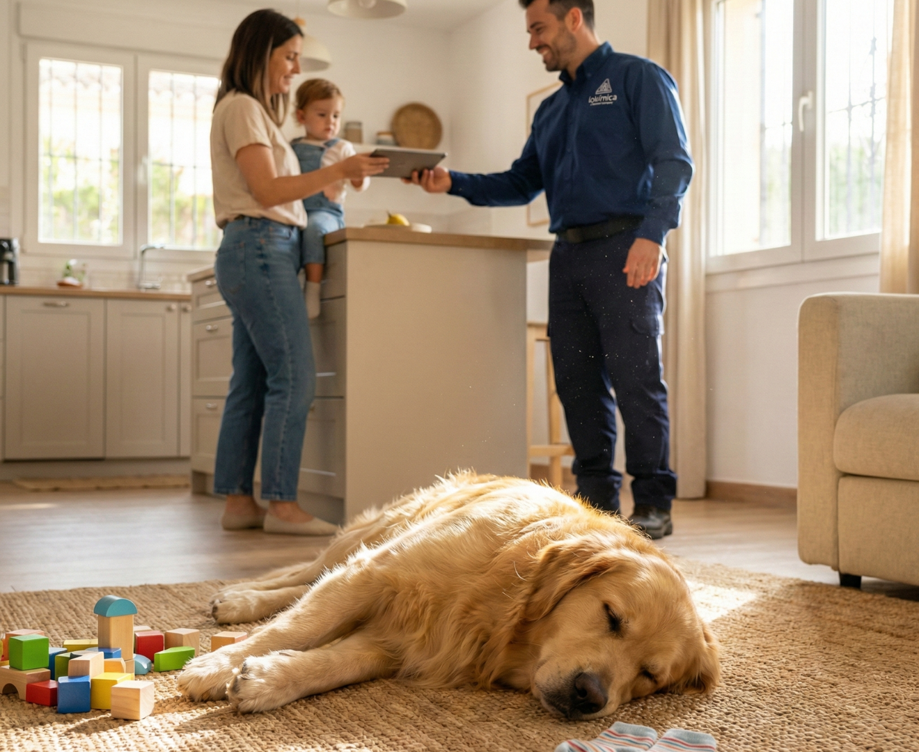 Imagen de un técnico de Lokímica explicando cómo va a ser el servicio de tratamiento contra cucarachas y dando pautas concretas.
