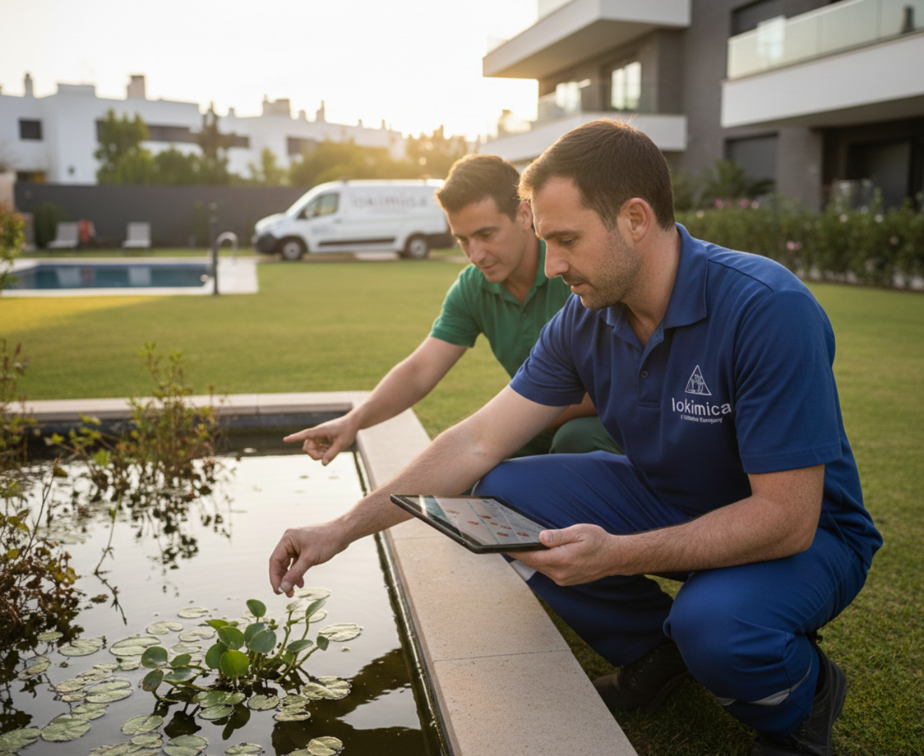 Imagen de un técnico de control de plagas explicando cómo evitar proliferaciones de mosquitos.