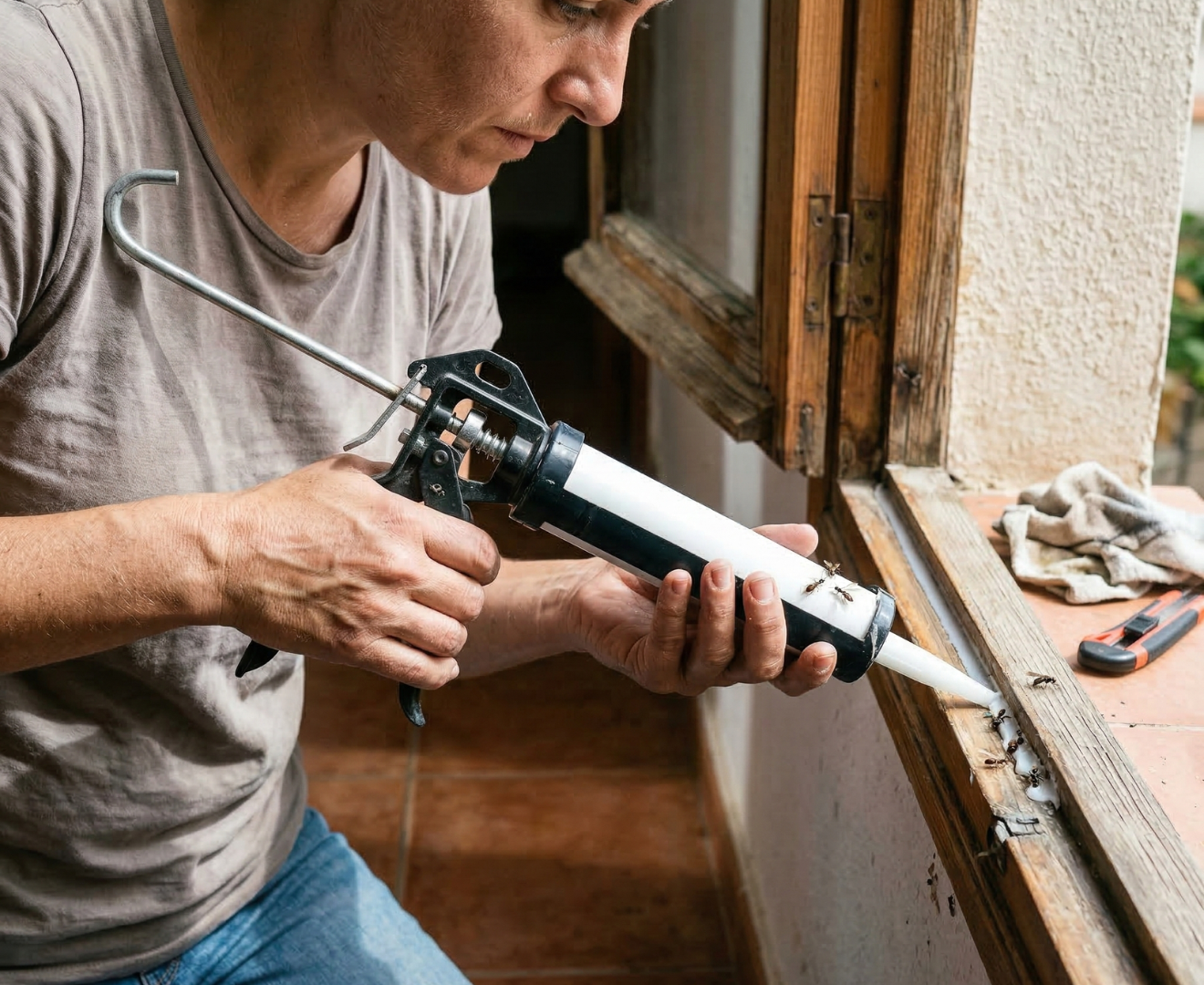 Imagen de una persona sellando grietas de una ventana de madera para que no entren hormigas voladoras en casa.