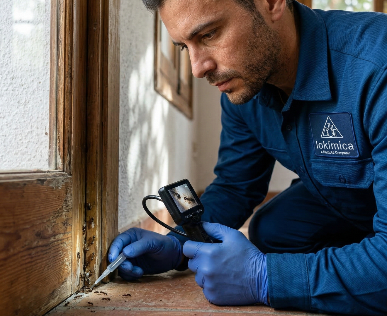 Imagen de un técnico de Lokímica revisando zonas donde hay hormigas voladoras en casa.