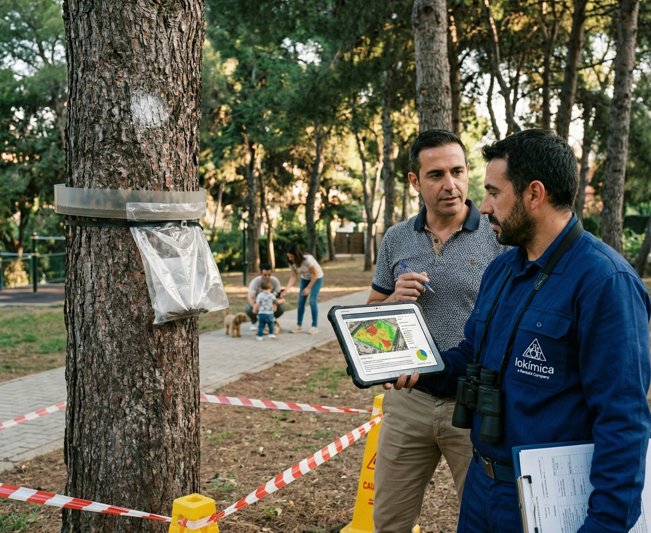 Imagen de un técnico de Lokímica explicando como se realiza el control de procesionaria en urbanizaciones y particulares.