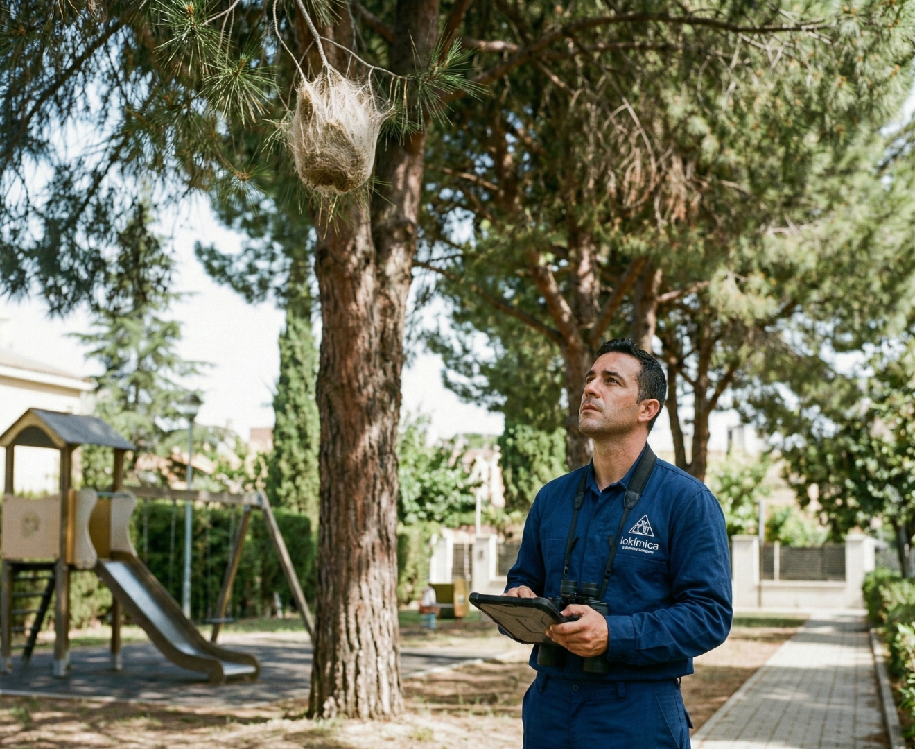 Imagen de un técnico haciendo el control de procesionaria en particulares y comunidades.