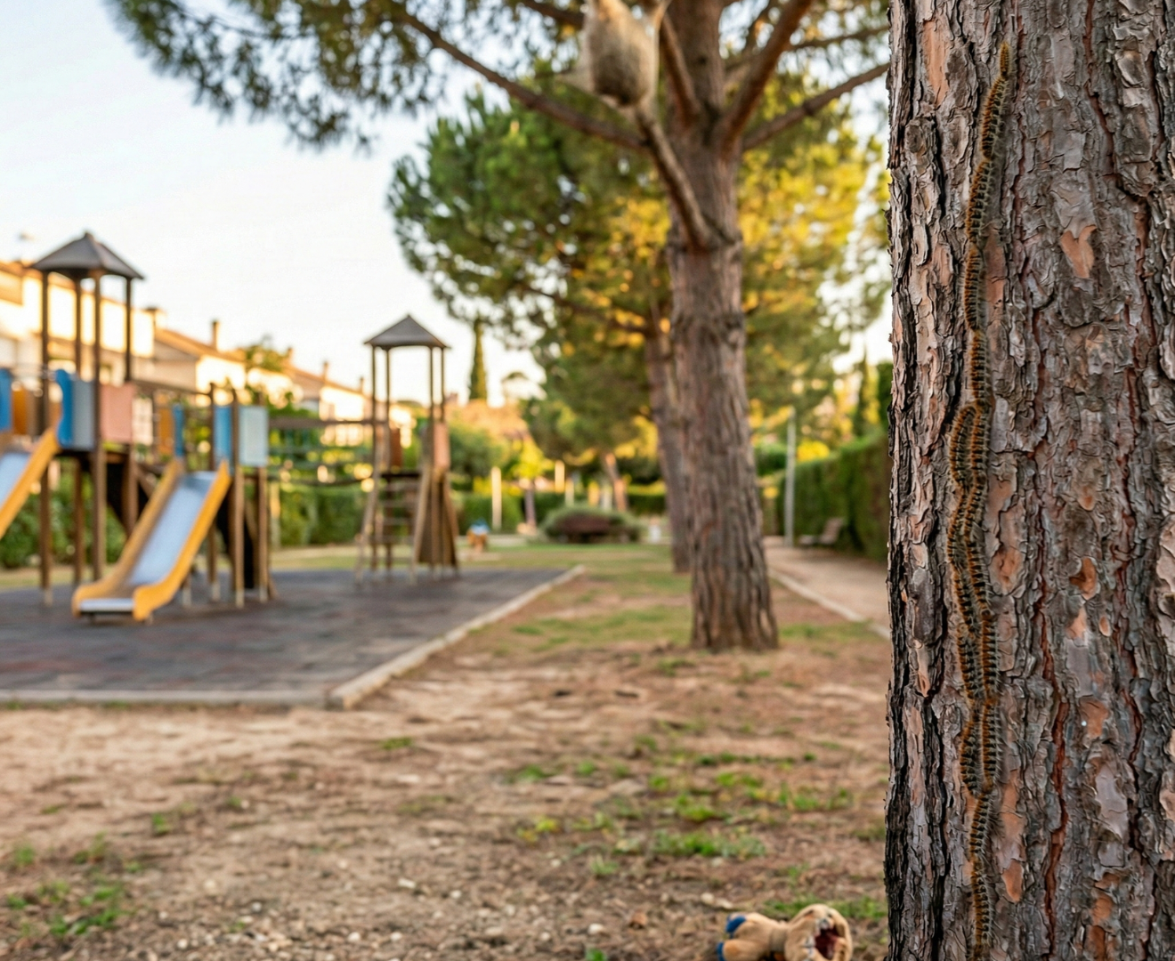 Imagen de un pino con la procesionaria bajando.