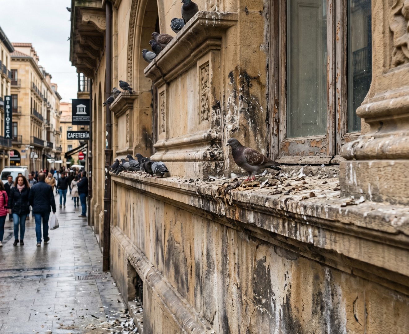 Imagen de una calle de una ciudad con una fachada deteriorada por acumulación de excrementos de paloma.