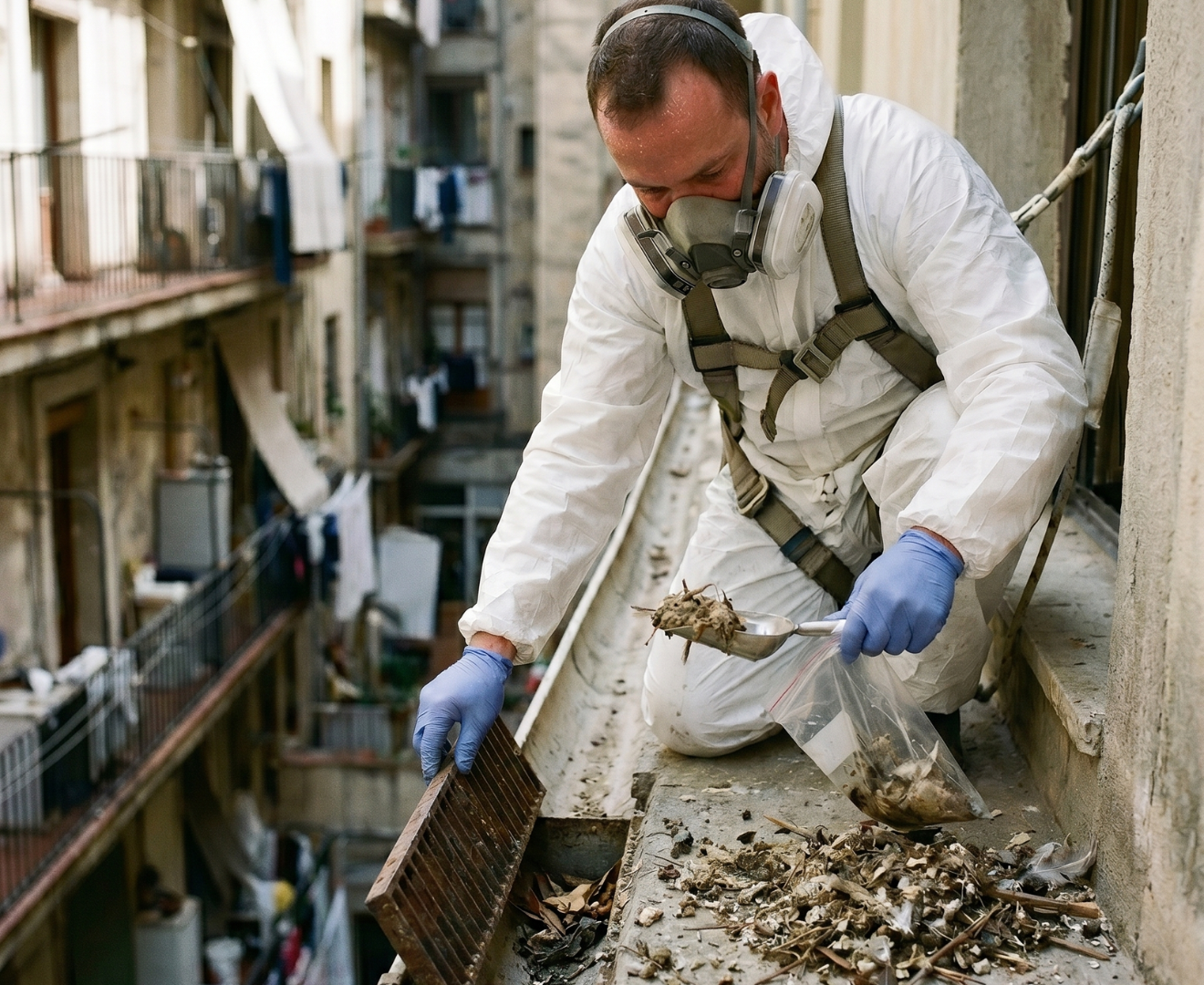 Imagen de un técnico eliminando excrementos de paloma en la cornisa de un edificio que ha sido invadido por las palomas.
