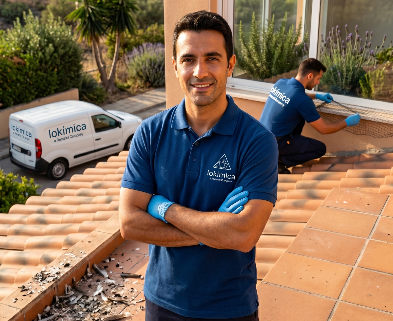 Imagen donde se muestra a dos técnicos de Lokímica eliminando excrementos de paloma en un edificio.