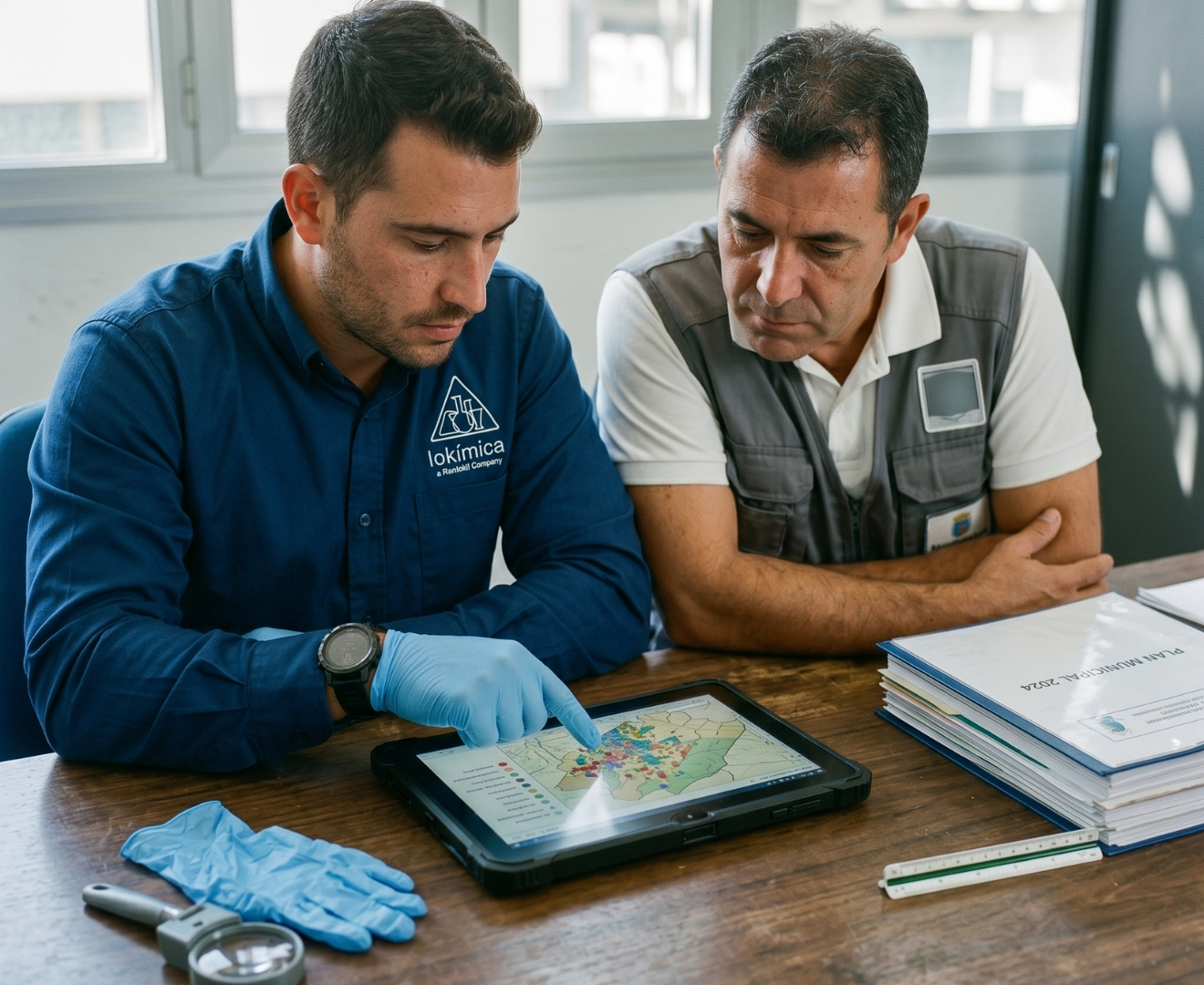 Imagen de un técnico de Lokímica y un técnico medioambiental estableciendo el plan de acción para controlar avifauna.