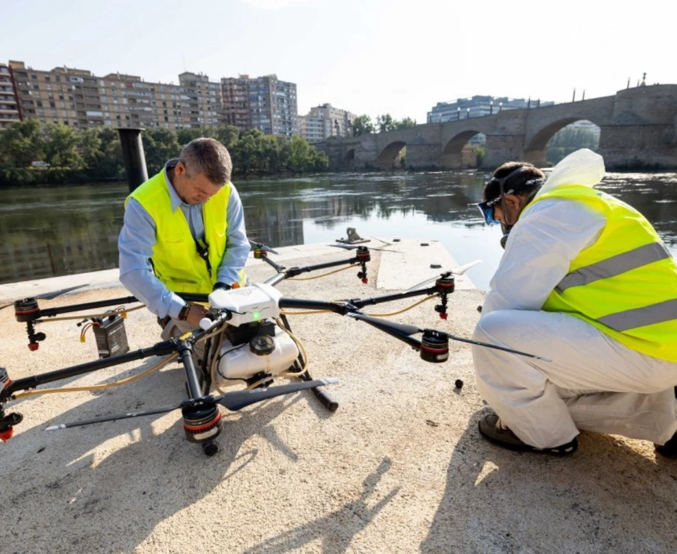 Imagen de técnicos de Lokímica configurando el dron para realizar el tratamiento contra la mosca negra.